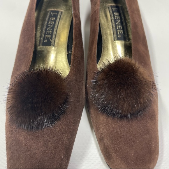 J. RENEE Brown Suede Leather Heel Pumps with Mink Fur Puff Ball Sz. 8 M - Picture 8 of 8